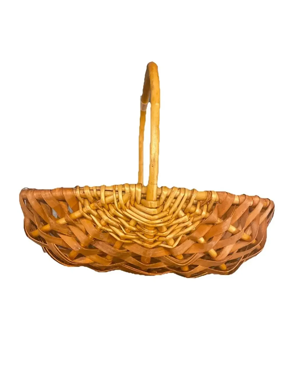 Vintage Handwoven Wood Splint Basket w/Handle 12.75” Rustic Farmhouse Egg Basket